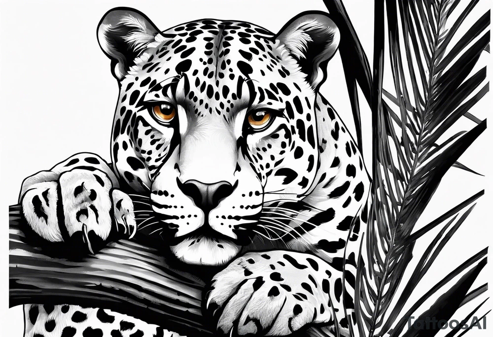 jaguar laying on palm tree tattoo idea