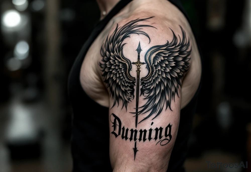 Dunning, left arm details include bold strong font, gold highlights, theme of wealth and angel wings, tattoo idea