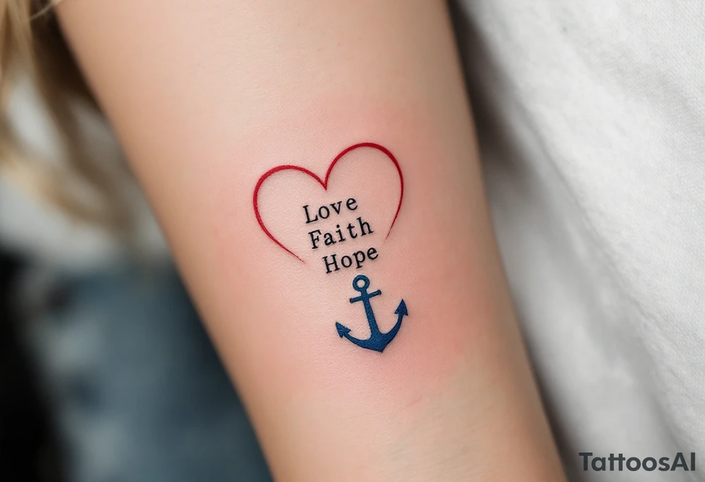 Tiny black font love faith hope placed within a heart outline in red, with a gold cross on top and a blue anchor below. tattoo idea