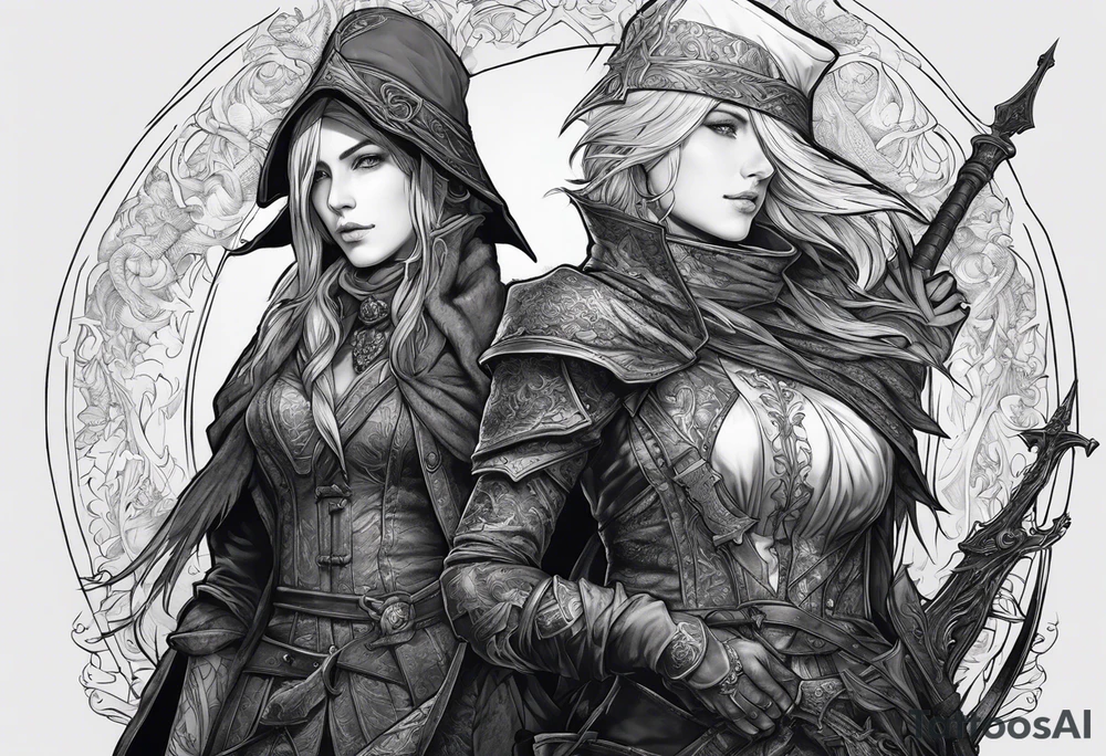 A tattoo picturing 3 women, Malenia from Elden ring, Lady Maria from bloodborne and Sister Friede from Dark Souls 3. Their backgrounds will be overlapping tattoo idea