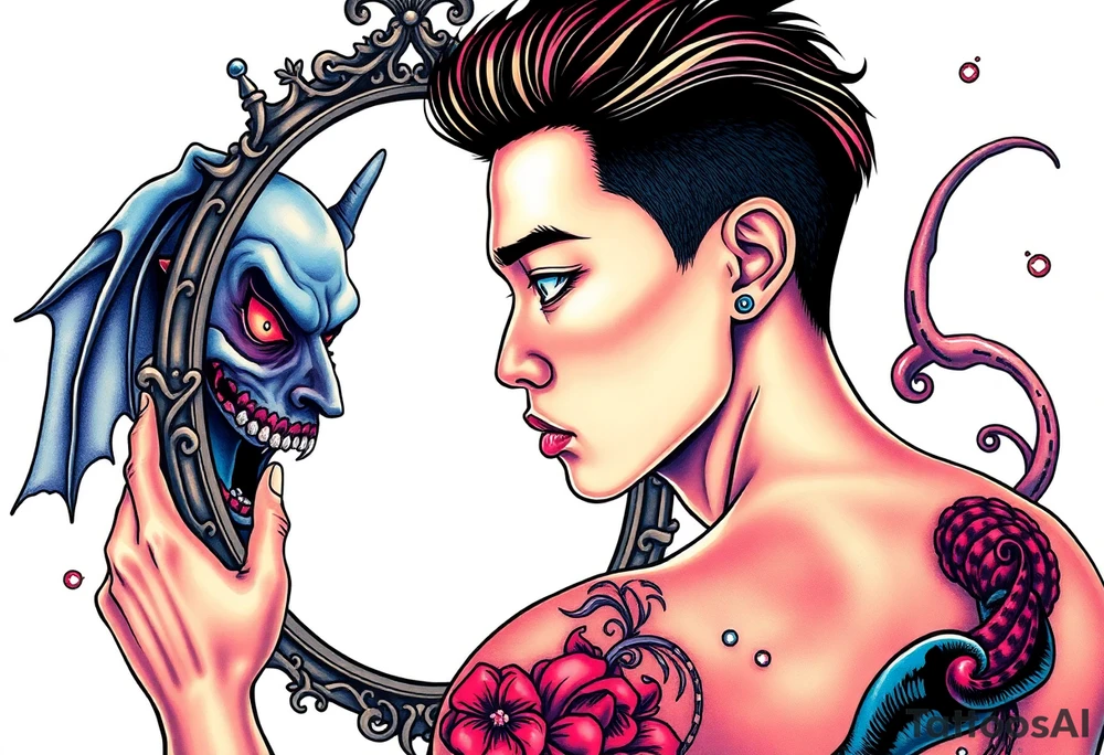 Handsome Asian young guy is looking in cursed mirror and see the evil tattoo idea
