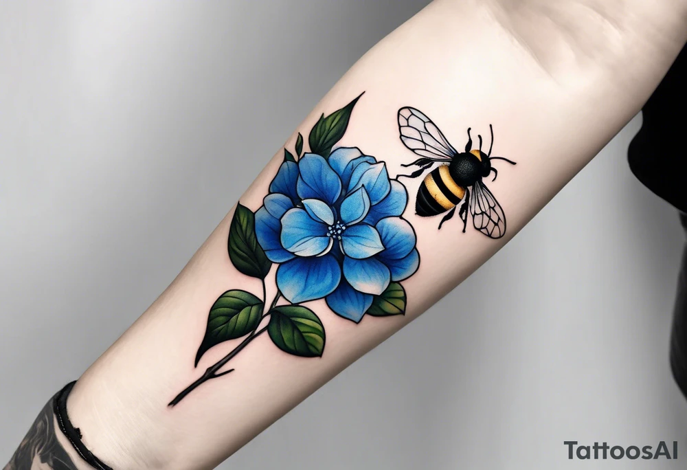 Small minimalist tattoo for forearm of a blue Hydrangea and a very small bee. tattoo idea