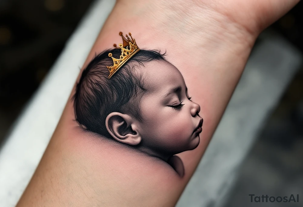 Profile portrait of a baby girl’s sleeping face with a tiny gold crown, shaded in grayscale with realistic detail. tattoo idea
