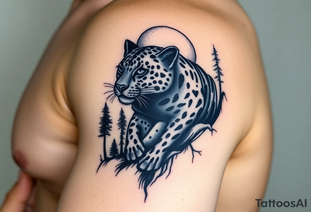 A Black leopard in the woods with moon in sky tattoo idea