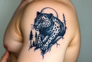 A Black leopard in the woods with moon in sky tattoo idea