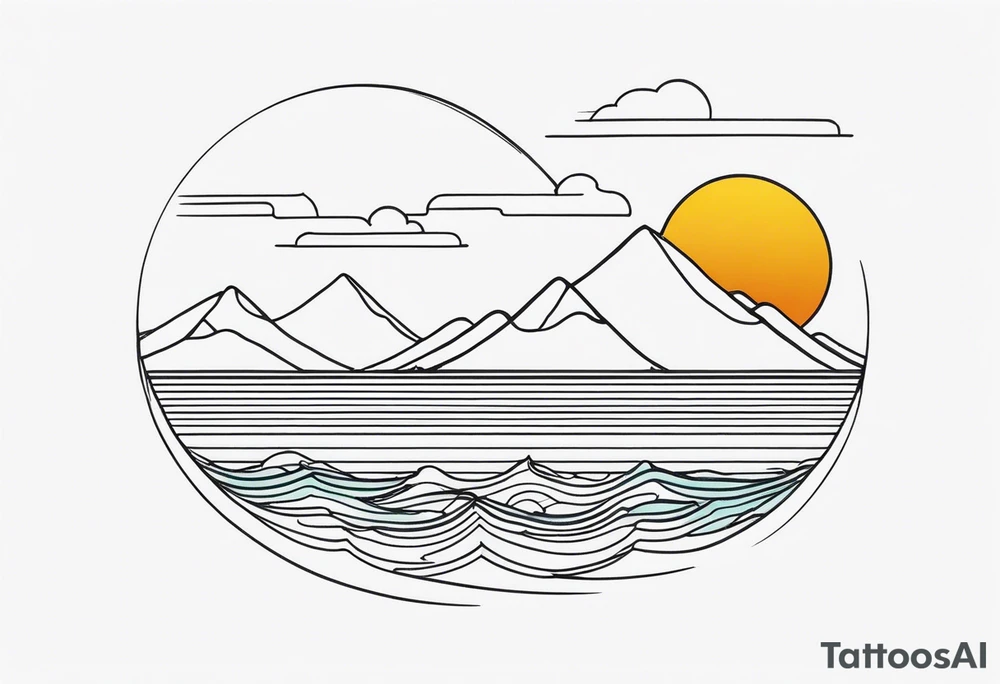 Line art minimalist sun mountain ocean simple one line tattoo idea