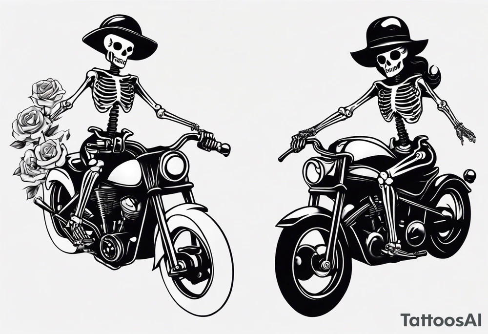 Skeleton pinup doll driving a motorcycle tattoo idea