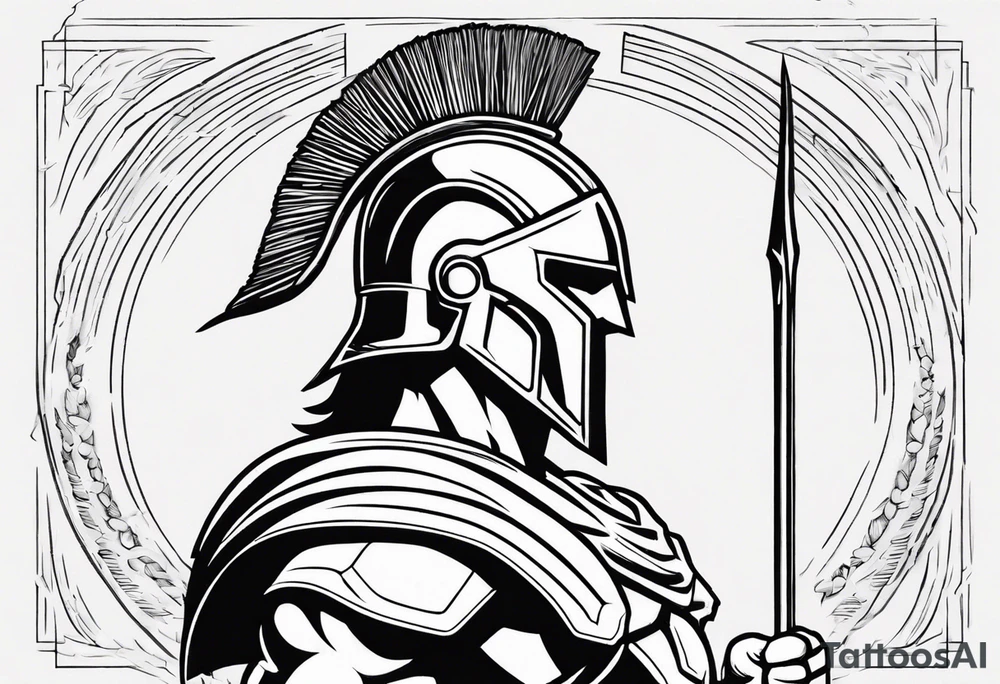 rectangular landscape format ultra-fine line linework vector of a spartan from the side, spartan spear, spartan shield, laurel wreath tattoo idea