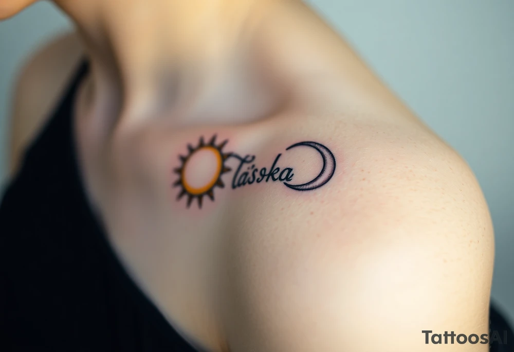 A moon-and-sun-themed infinity symbol, where one side features a golden sun and the other a silvery crescent moon, with the word "láska" written in between tattoo idea