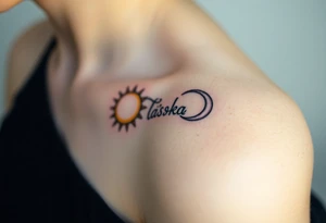 A moon-and-sun-themed infinity symbol, where one side features a golden sun and the other a silvery crescent moon, with the word "láska" written in between tattoo idea