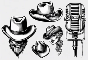 old school broadcast microphone with a cowboy hat on top of it. tattoo idea
