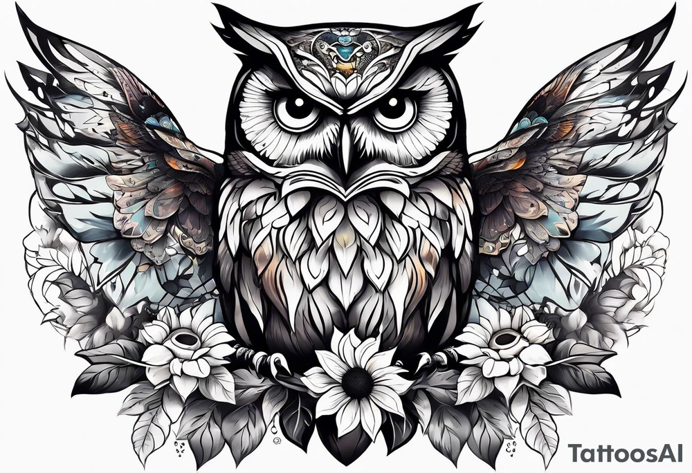 Sleeve with an owl, sunflower and butterfly tattoo idea
