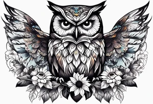 Sleeve with an owl, sunflower and butterfly tattoo idea