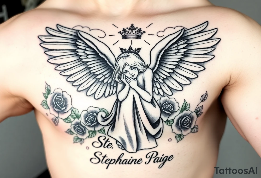 A beautiful memorial tribute tattoo with a fallen angel with big beautiful wings kneeled down crying with roses all around and clouds above and beams of haven shining down. With the saying " You were my favorite hello,and my hardest goodbye.Until we meet again,my sweet girl,rest easy" with the name Stephanie Paige underneath the saying ,all in bold beautiful writing or font. Add a bold crown at the top of it all and any extras you feel would blend or go with this idea. tattoo idea