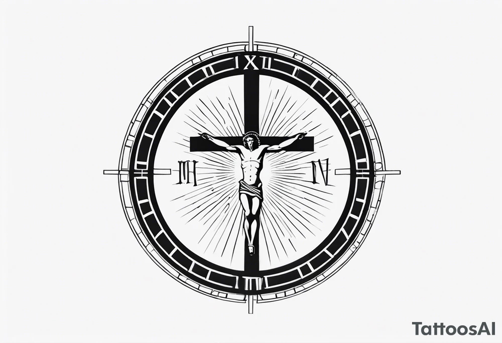 Crucified man inside a circle of Roman numerals with roman numerals on it tattoo idea