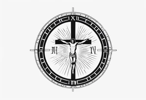 Crucified man inside a circle of Roman numerals with roman numerals on it tattoo idea