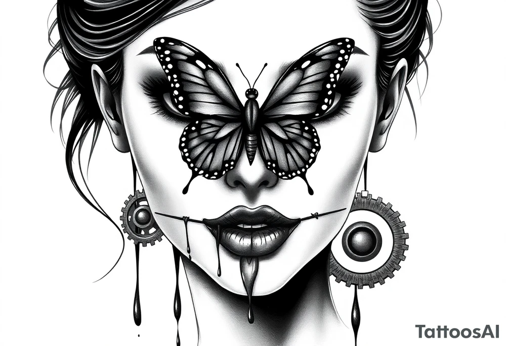 Black and grey realism tattoo design of a beautiful woman's face. And a butterfly landing g on her on the upper bridge of her nose so that the lower wings of the butterfly is covering both her eyes  the butterflys right lower wing is covering her right eye and the lower left of the butterfly wing is covering her left eye  (see no evil),her mouth where her lips are are stiched shut like with needle and thread firming little xs from the right side of her mouth to the left (speak no evil). Her ears are dripping blood that is steaming down her neck and cheek. The style is black and grey realism, hyper-realistic, dark, and evil. Incorporate ninja gear elements and mechanical details (gears) subtly into the background or clothing for a gear ninja evil look. Design for a full forearm sleeve placement tattoo idea