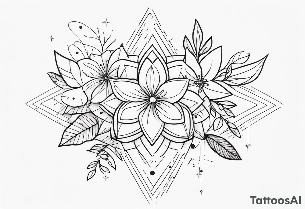 fine line with stars, floral, dots tattoo idea