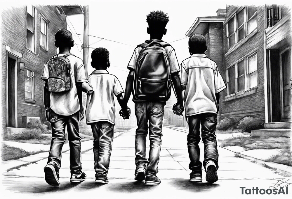 three black school age brothers walking away together down a street full bodies and one on the side looking at the one in the middle tattoo idea
