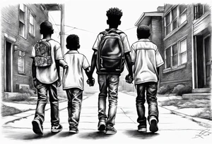 three black school age brothers walking away together down a street full bodies and one on the side looking at the one in the middle tattoo idea