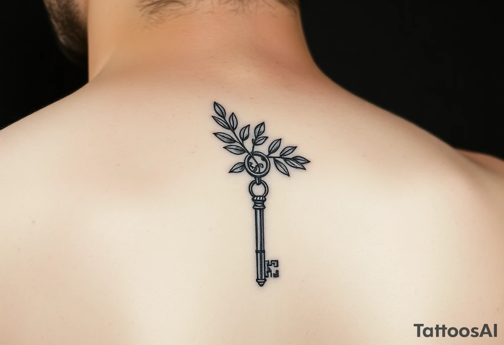 A metal key wrapped in olive leaves on the left arm tattoo idea
