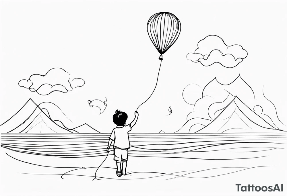 tatoo in sketch style only.
A little boy is holding a string to the hearth shaped small party baloon.
boy should be drawed from behind and has one hand reaching up in 45 degree angle and holding the baloon string
On the string is a big wave look like a hearbeat pulse.
draw only boy and string and baloon wothout any scenery tattoo idea