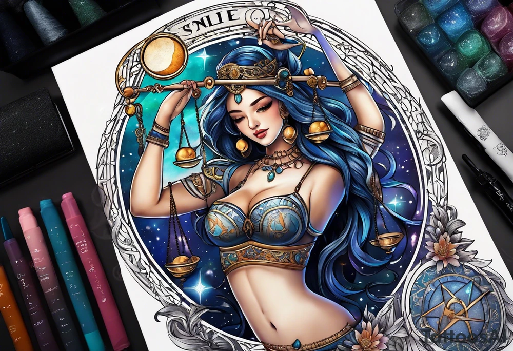 Libra woman holding scales with a night zodiac background including a half moon that encircles half of the woman tattoo idea