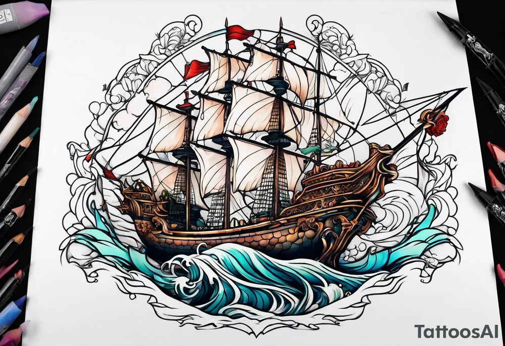 mermaid with galleon ship tattoo idea