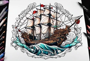 mermaid with galleon ship tattoo idea