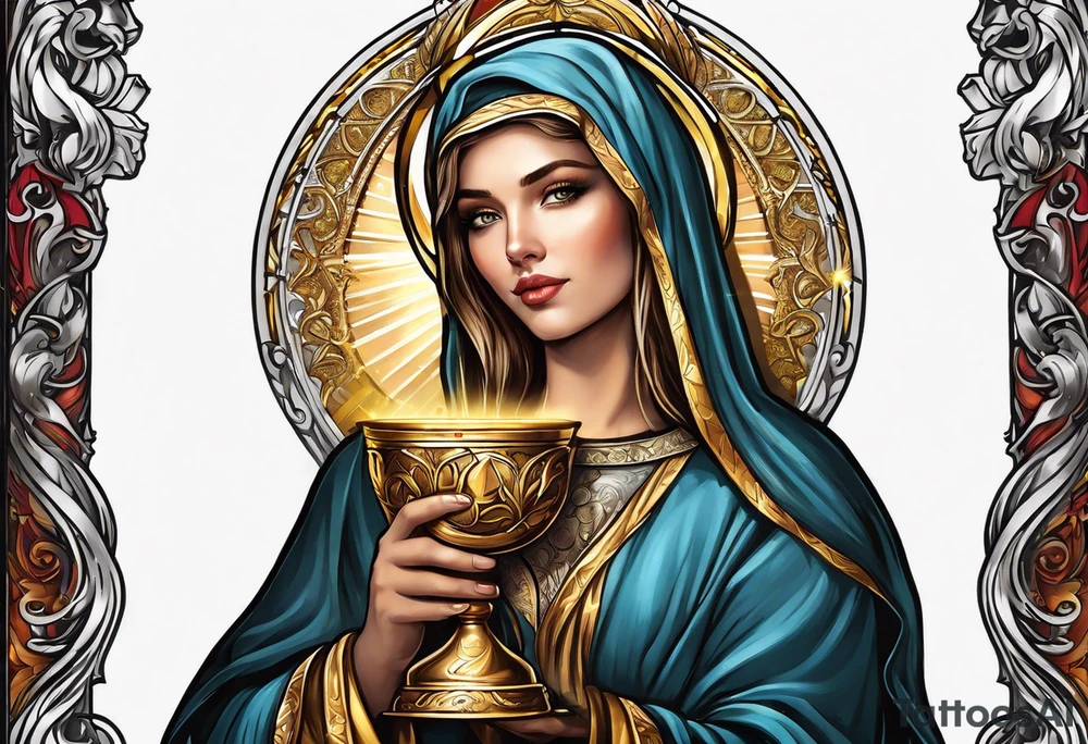 woman saint holding chalice surrounded by golden halo portrait tattoo idea