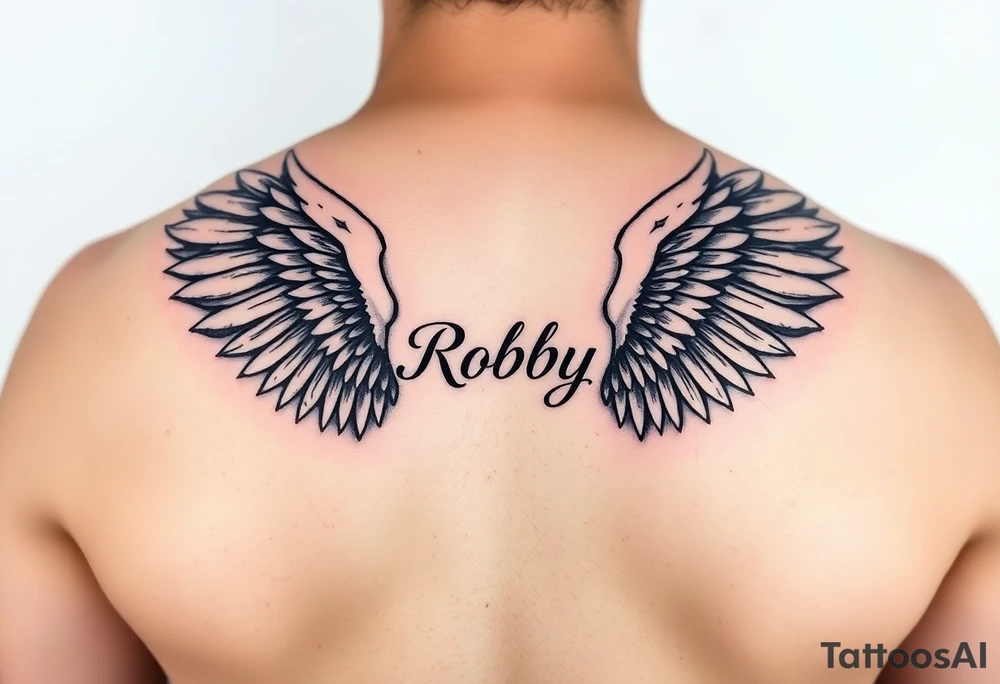Angel wings on both shoulders and the name Robby in between them tattoo idea