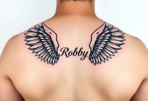 Angel wings on both shoulders and the name Robby in between them tattoo idea