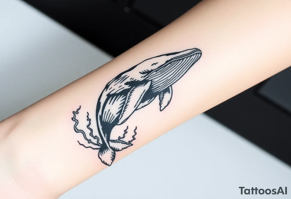 Forearm design, size = most of forearm.   Illustrative B/W with mix of heavy and light linework, detail, shading and artistic styling.   Humpback whale that is breaching.  Kelp underwater framing whale as it emerges. tattoo idea