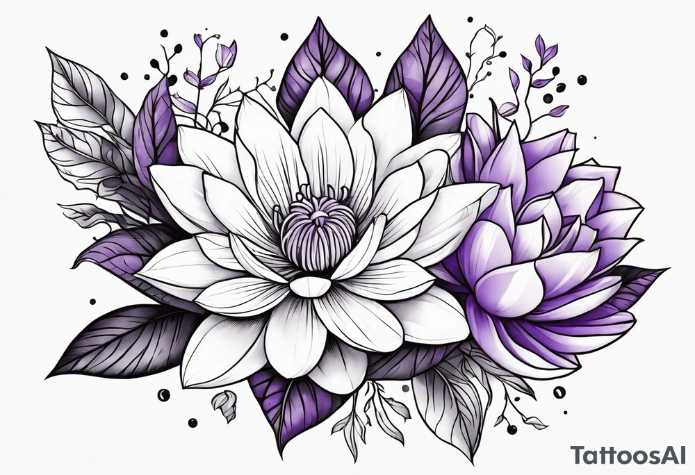 simple flower bouquet with 1 violet, 1 water lilly, and 1 holly tattoo idea