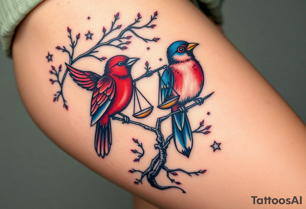 2 birds as the focus, 1 red bird in a suit, 1 navy blue bird with glasses, scales of justice in a tree, starry night painting and mountain background tattoo idea