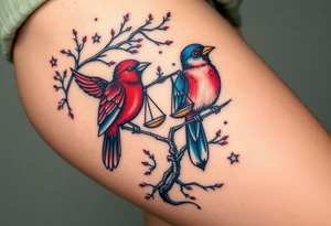 2 birds as the focus, 1 red bird in a suit, 1 navy blue bird with glasses, scales of justice in a tree, starry night painting and mountain background tattoo idea