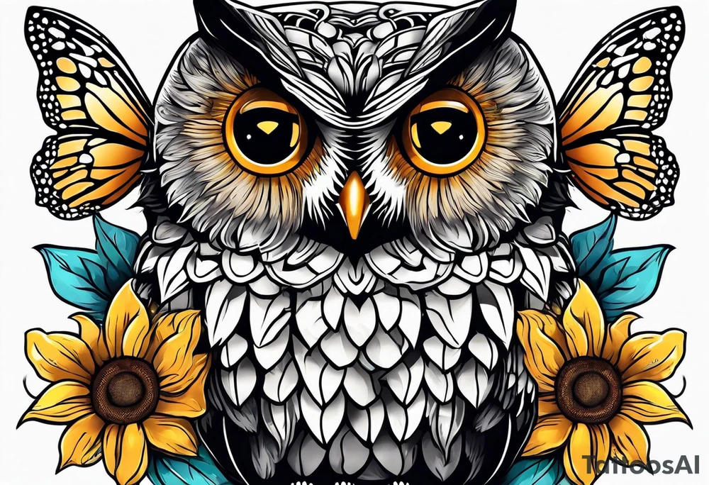 Small owl with sunflowers and butterflies arm sleeve tattoo idea
