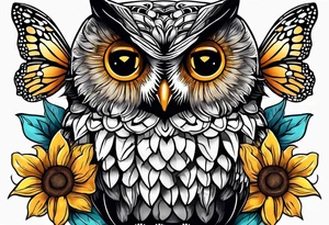 Small owl with sunflowers and butterflies arm sleeve tattoo idea
