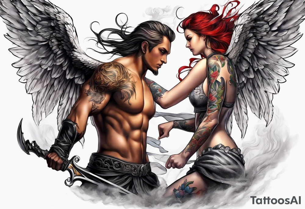 Angel and devil fighting back tattoo design tattoo idea