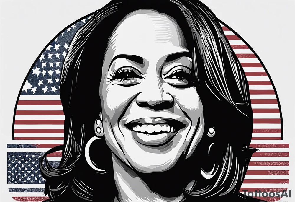 Kamala Harris, jackass, United States flag, circular motif, egg on face. Kamala is an idiot tattoo idea