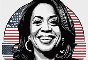 Kamala Harris, jackass, United States flag, circular motif, egg on face. Kamala is an idiot tattoo idea