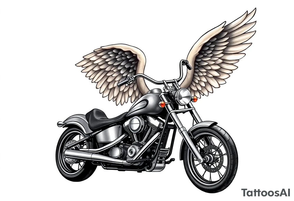 Low rider grey motorcycle, big muffler pipes with flames, angel wings, driving away, no person tattoo idea