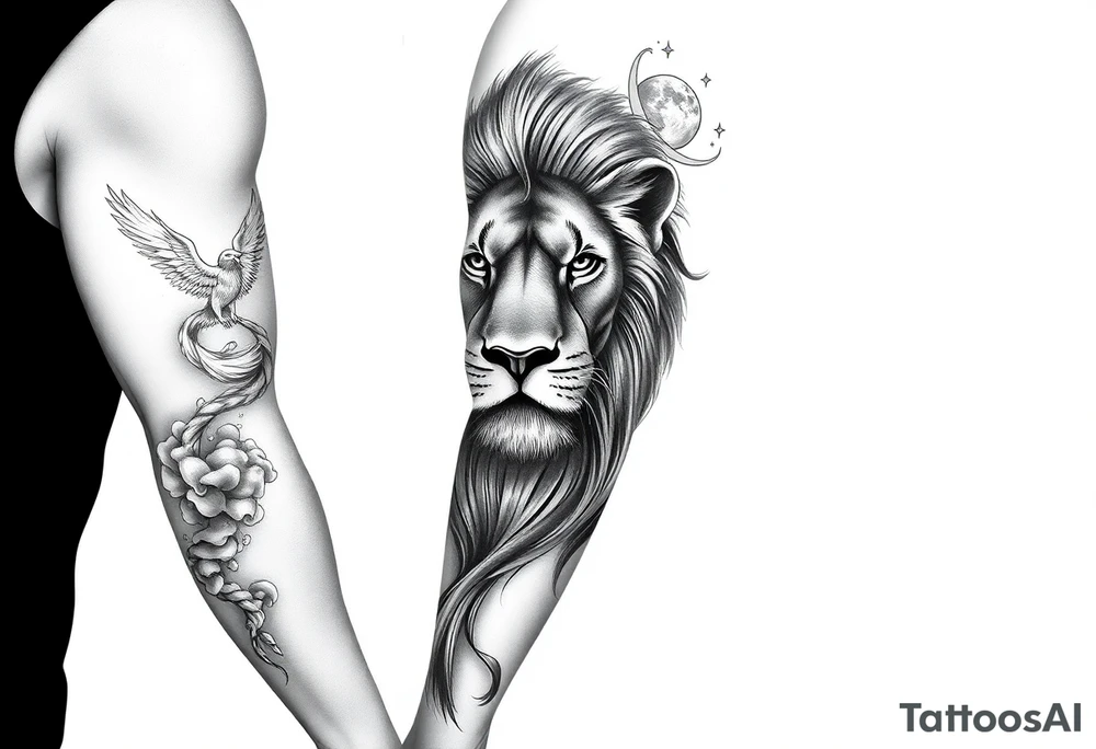 A full sleeve tattoo in black and grey realism, with a majestic lion’s face as the main focal point on the outer forearm. A subtle, ethereal phoenix rising through smoke and ash blends upward toward the upper arm. The background fades into a dreamy night sky with faint stars and the Leo constellation subtly woven in. Incorporate fine-line details and smooth shading to keep it soft and not overly bold. Avoid harsh outlines. Include natural elements like wisps of clouds or faint leaves to tie the design together organically. tattoo idea