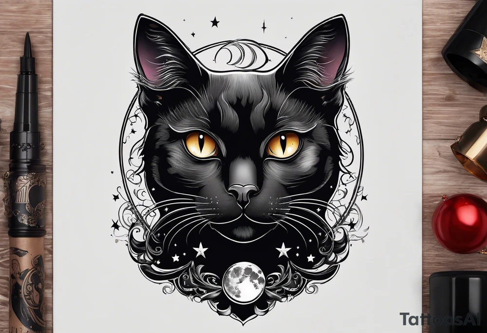 Photo realistic black cat head with moon and stars tattoo idea