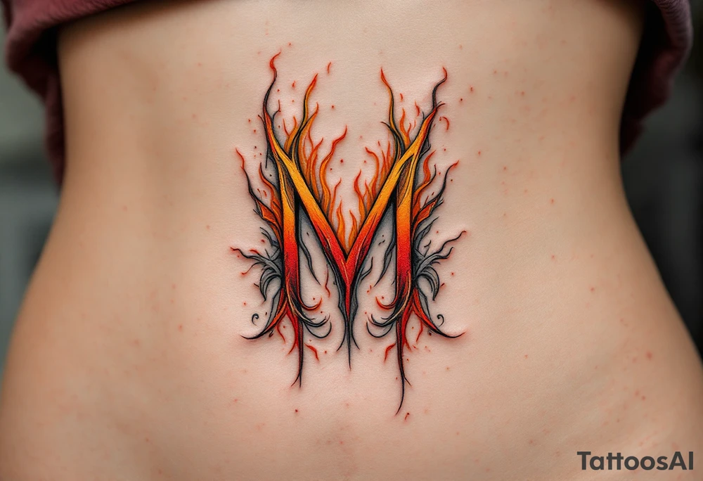 A fiery "M" with flickering strokes of crimson red, orange, and ash gray. tattoo idea