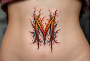 A fiery "M" with flickering strokes of crimson red, orange, and ash gray. tattoo idea
