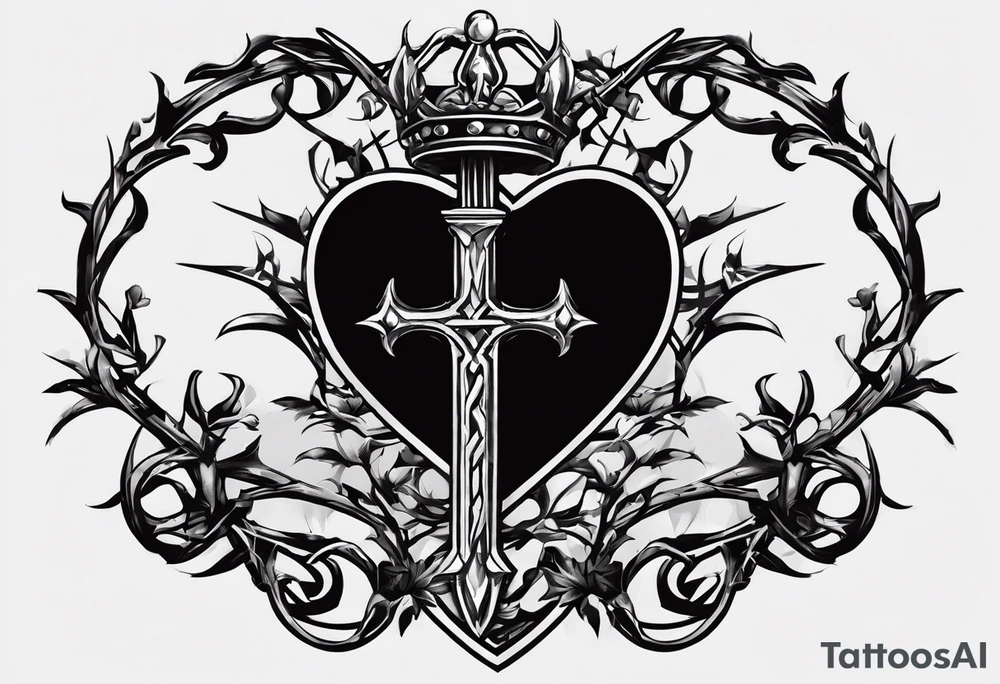 A simple design of a crown of thorns resting on the guard of a sword that is piercing a heart tattoo idea