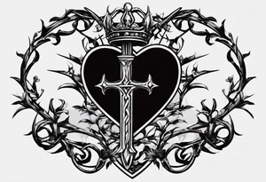 A simple design of a crown of thorns resting on the guard of a sword that is piercing a heart tattoo idea