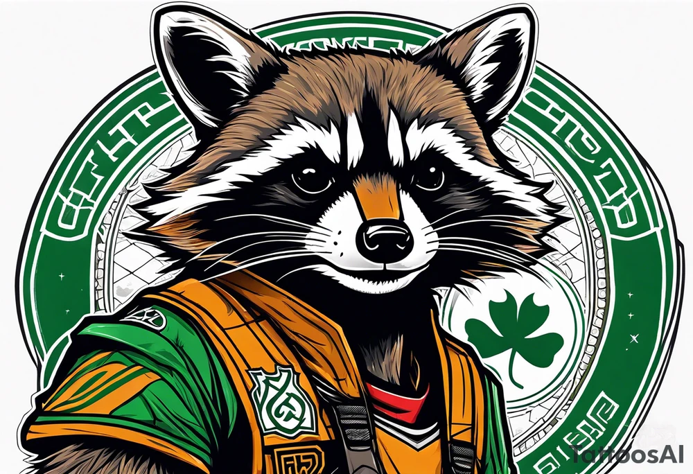 Rocket raccoon with a Glasgow Celtic football club jersey on tattoo idea