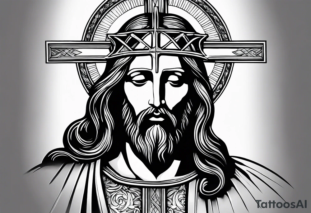 relegious sleeve with jesus and a cross with a bible verse tattoo idea